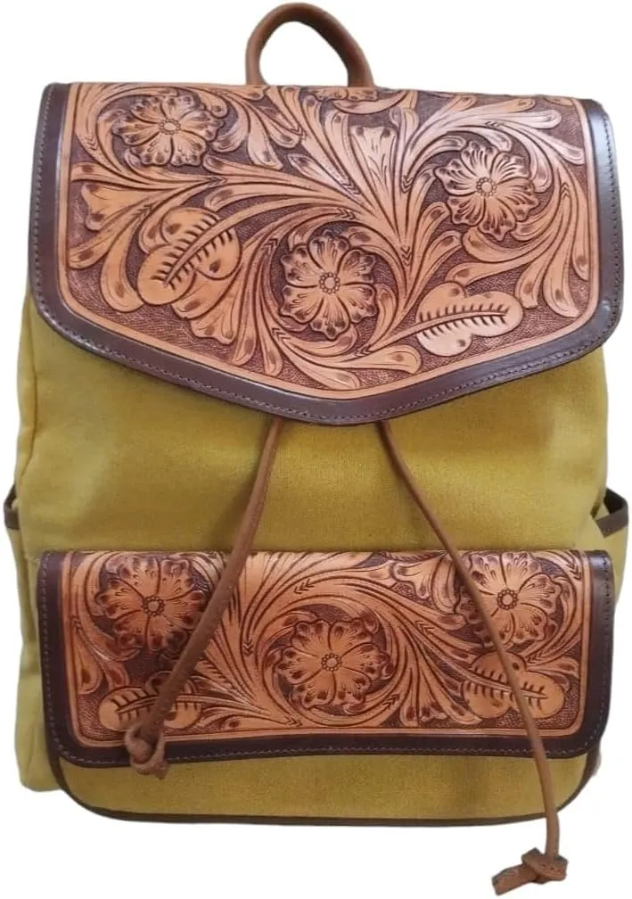 Western Olive Canvas Floral Tooled Leather Weekender Carry-On Travel Outdoors Camping Hiking Utility Bag 18SKB51