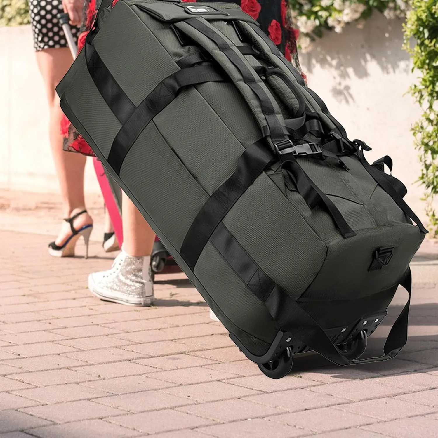 Wheeled Duffel Bag Rolling Garment Bag Large Portable Overnight Suitcase Backpack for Beach Business Trip Camping Storage Bag, Green