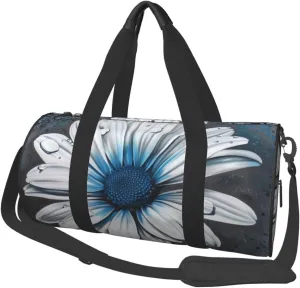 White Blue Daisy Printed Sports Gym Bag for Men Women Foldable Duffel Bag Carry On Weekender Bag for Travel Sports