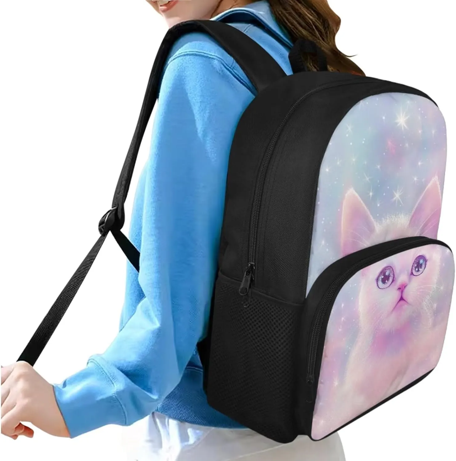 White Cat Backpack and Lunch Box Set Girls 2-4 Toddler Kindergarten Preschool Shoulder Bag with Adjustable Strap Zipper Pocket Have Enough Space for Daily School Supplies