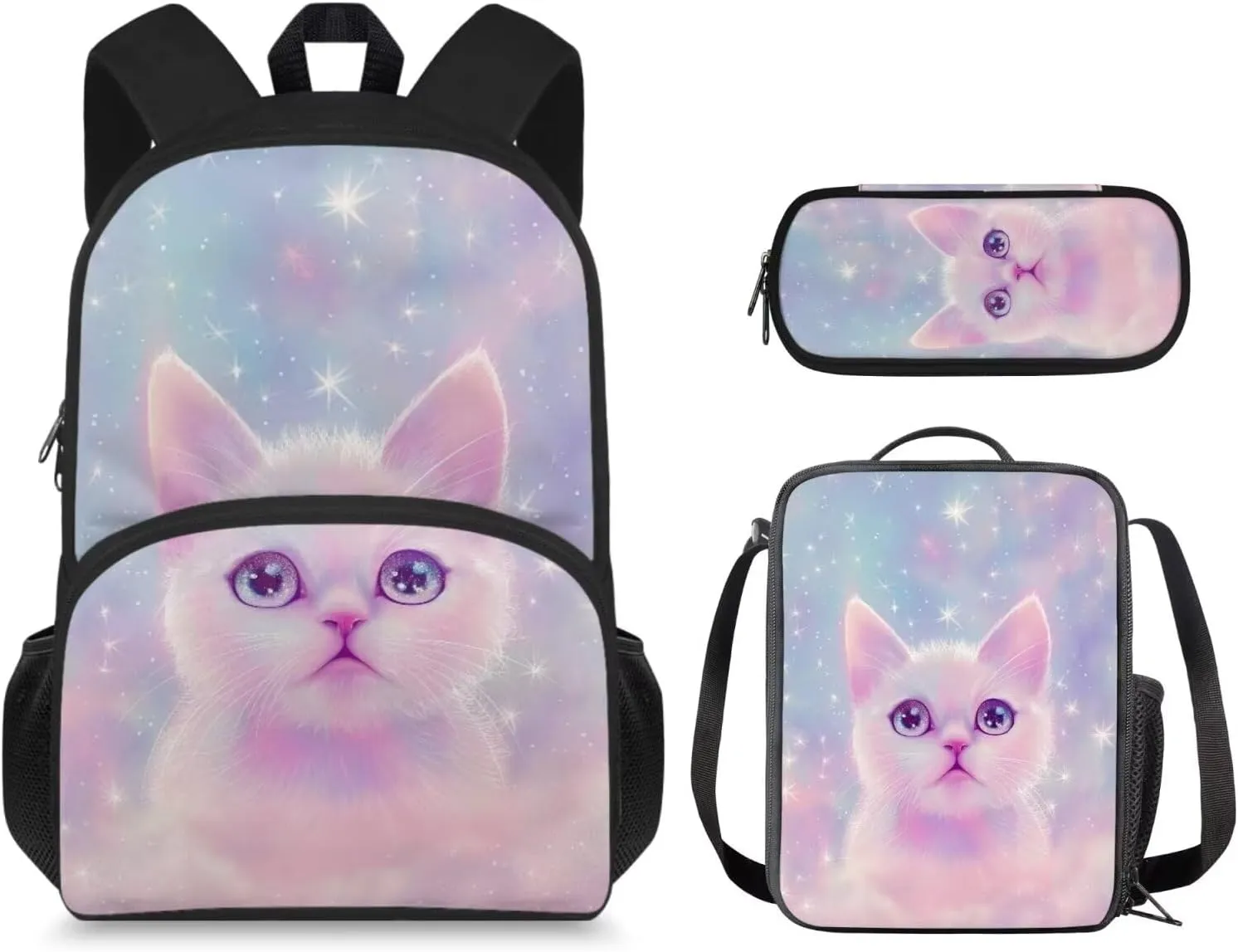 White Cat Backpack and Lunch Box Set Girls 2-4 Toddler Kindergarten Preschool Shoulder Bag with Adjustable Strap Zipper Pocket Have Enough Space for Daily School Supplies