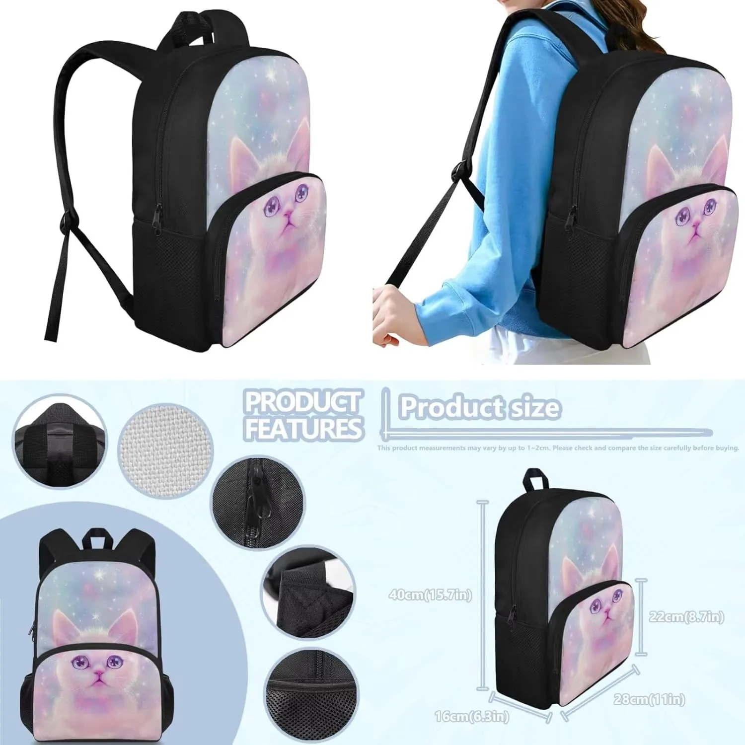 White Cat Backpack and Lunch Box Set Girls 2-4 Toddler Kindergarten Preschool Shoulder Bag with Adjustable Strap Zipper Pocket Have Enough Space for Daily School Supplies