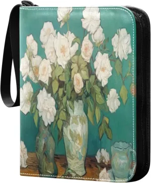 White Rose Painting Card Binder with 50 Removable Page Sleeves PU Leather Collectible Trading Card Albums Book with Zipper for Games Card,Baseball Cards