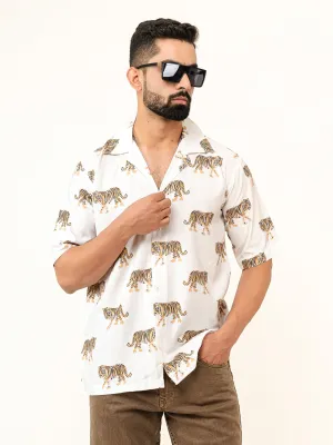 White Tiger Printed Oversized Half Sleeves Crepe Shirt