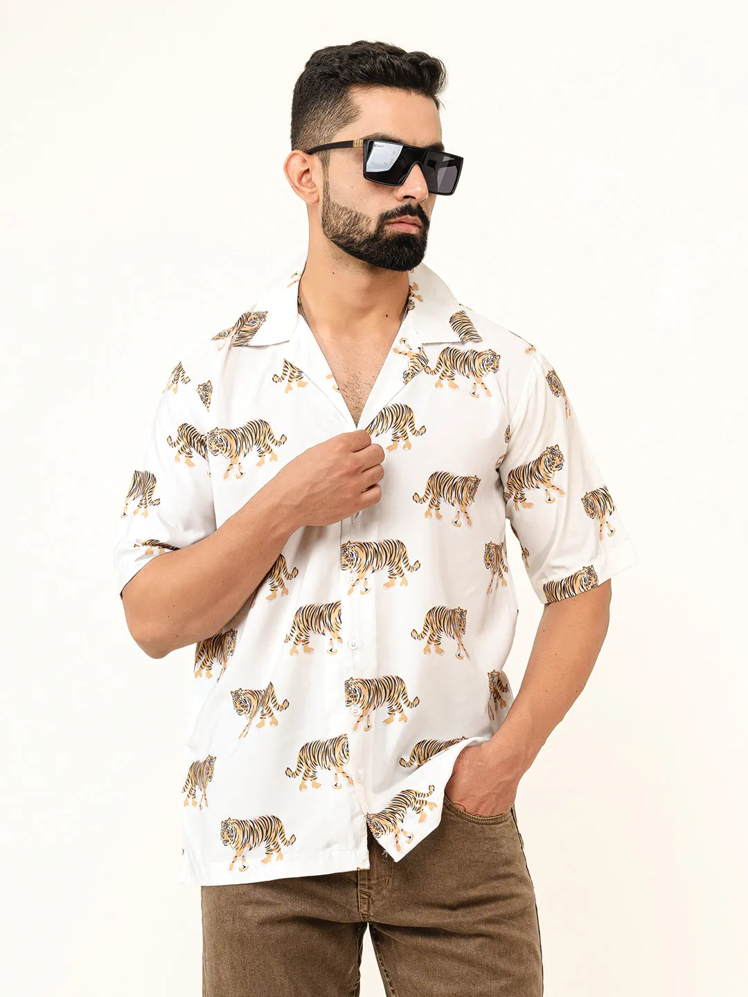White Tiger Printed Oversized Half Sleeves Crepe Shirt
