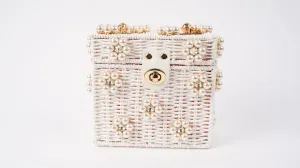 Wicker Bucket Daisy Flower Purse: White   Pearl Daisy / Large