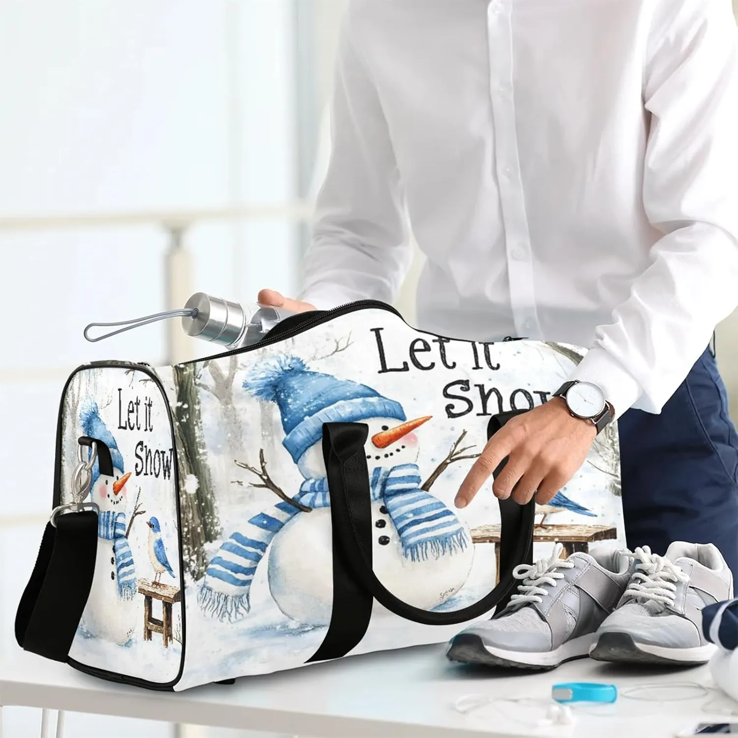 Winter Snowman Bird Travel Duffle Bag, Sports Gym Bags for Women Men, Carry On Weekender Overnight Workout Airplane Trips Bag