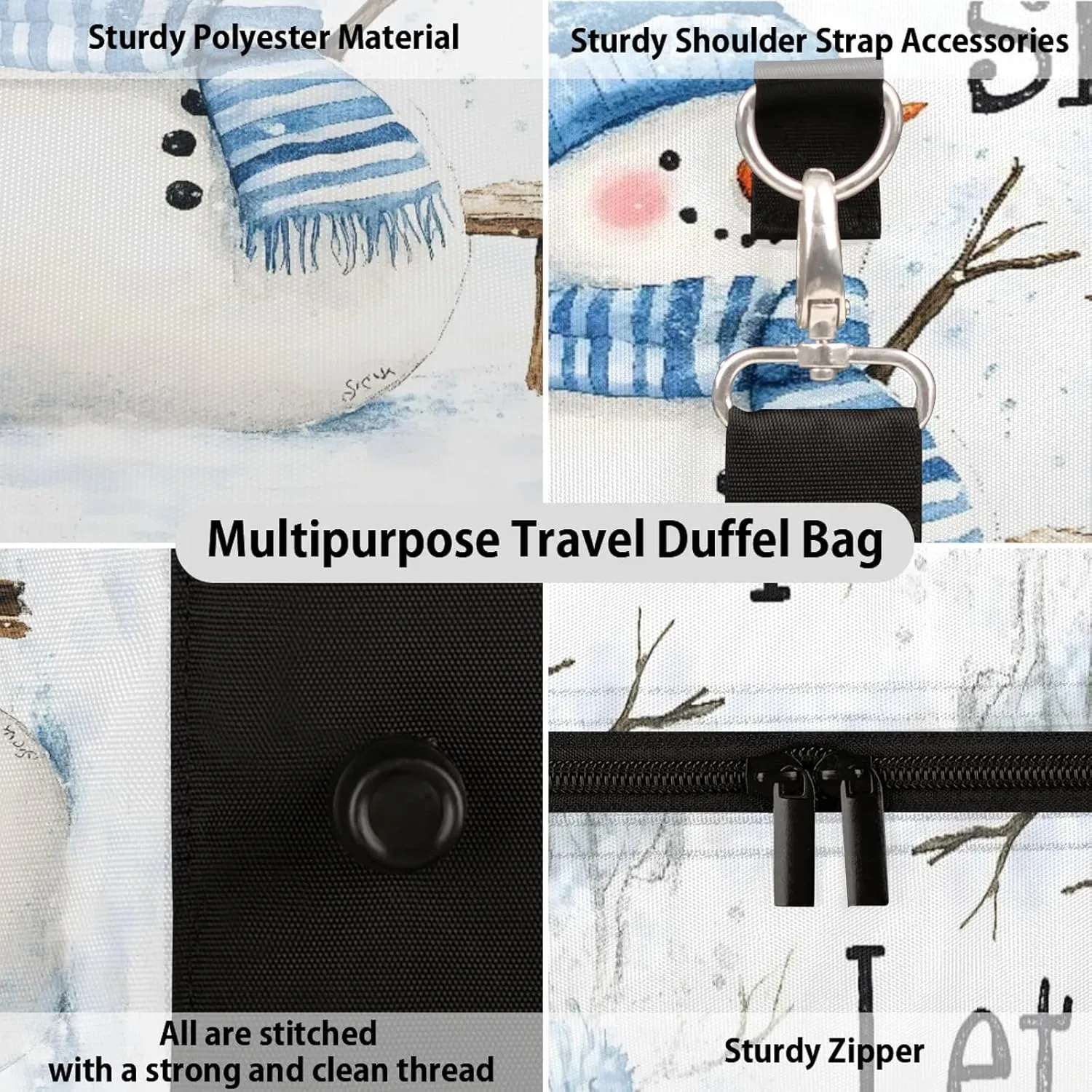 Winter Snowman Bird Travel Duffle Bag, Sports Gym Bags for Women Men, Carry On Weekender Overnight Workout Airplane Trips Bag