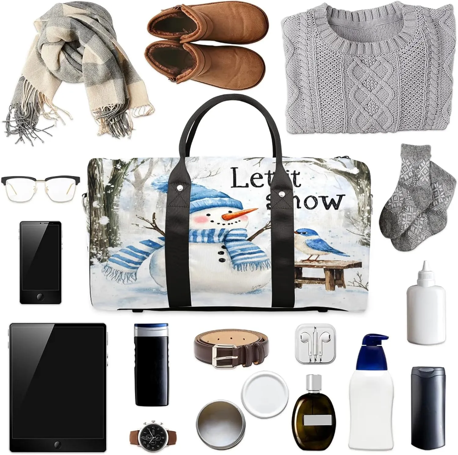 Winter Snowman Bird Travel Duffle Bag, Sports Gym Bags for Women Men, Carry On Weekender Overnight Workout Airplane Trips Bag