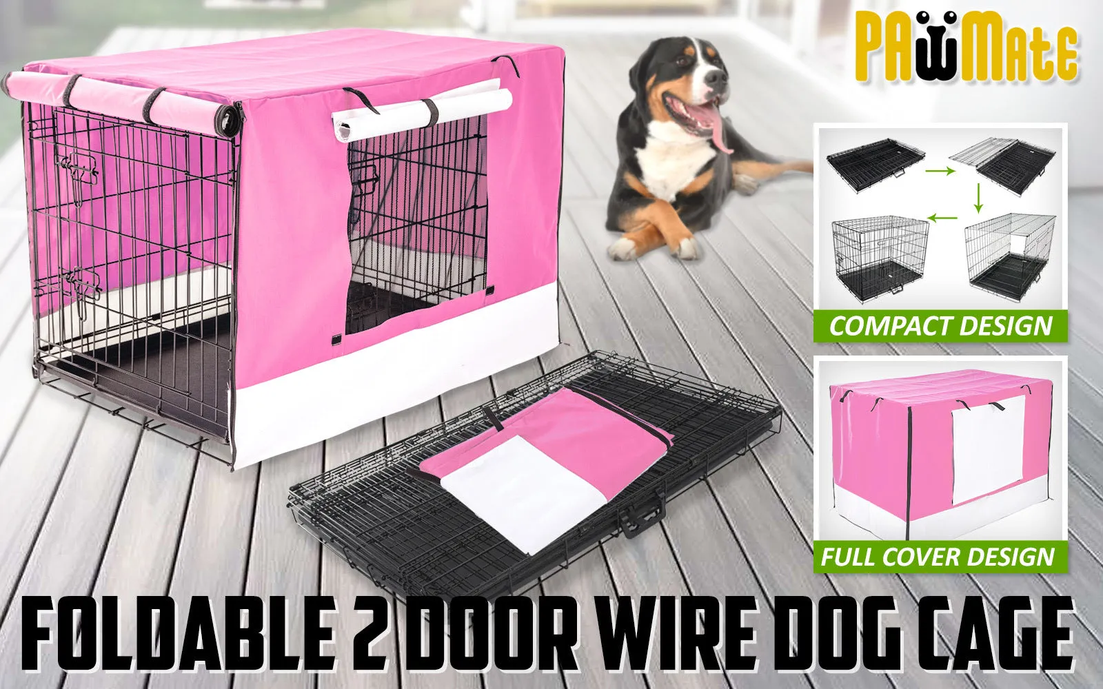 Wire Dog Cage Foldable Crate Kennel 24in with Tray   PINK Cover Combo