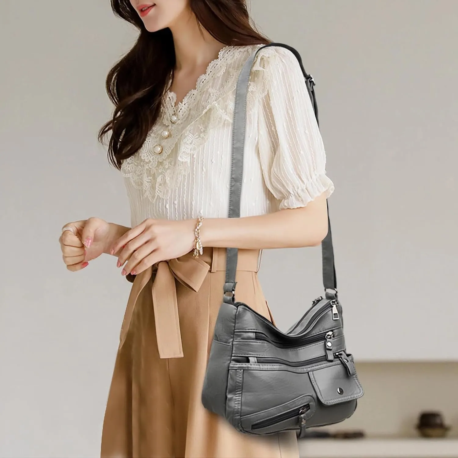 WITERY Crossboby Bag for Women - Soft PU Leather Multi-Pocket Shoulder Bag Handbag with Adjustable Strap