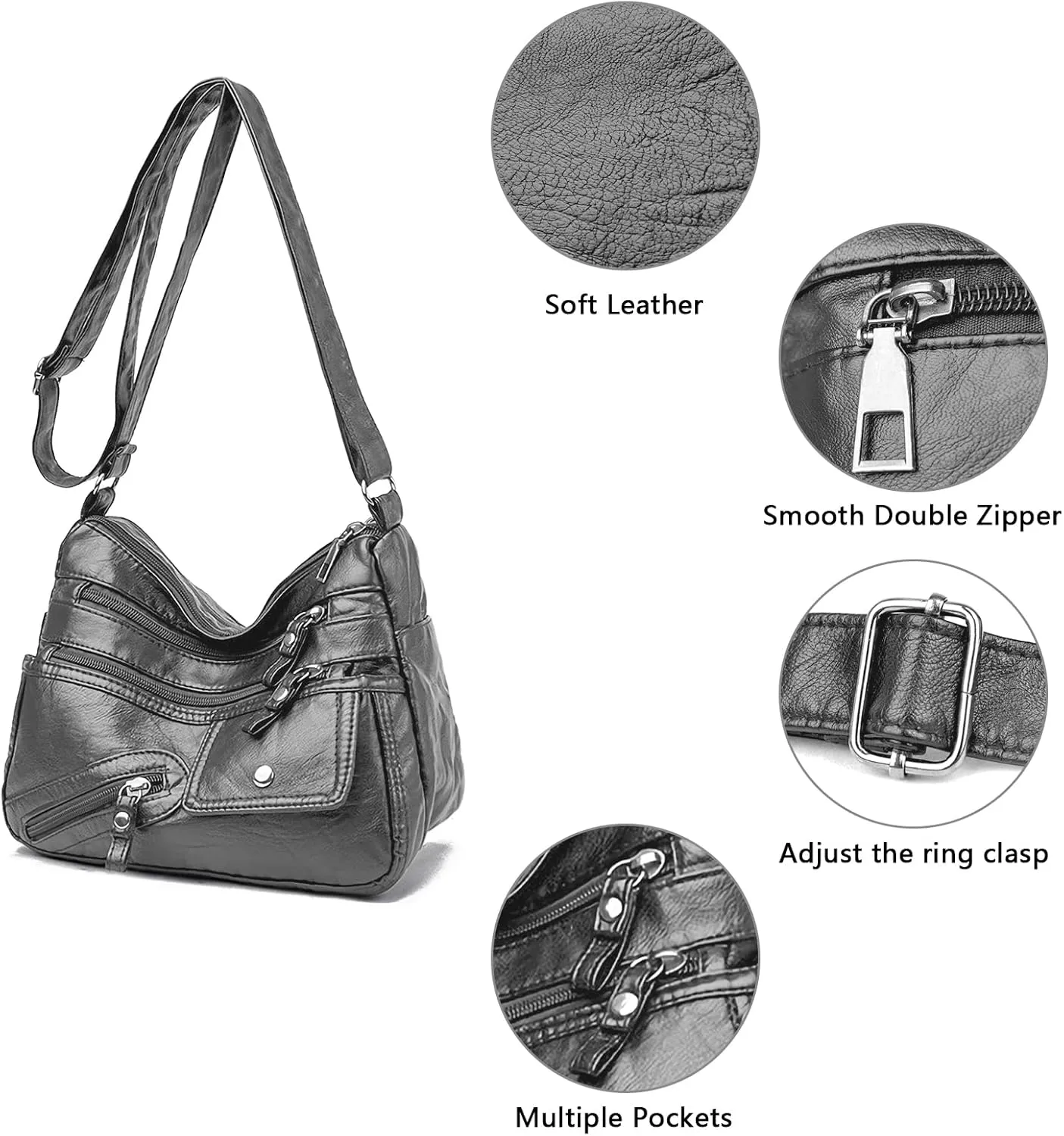 WITERY Crossboby Bag for Women - Soft PU Leather Multi-Pocket Shoulder Bag Handbag with Adjustable Strap