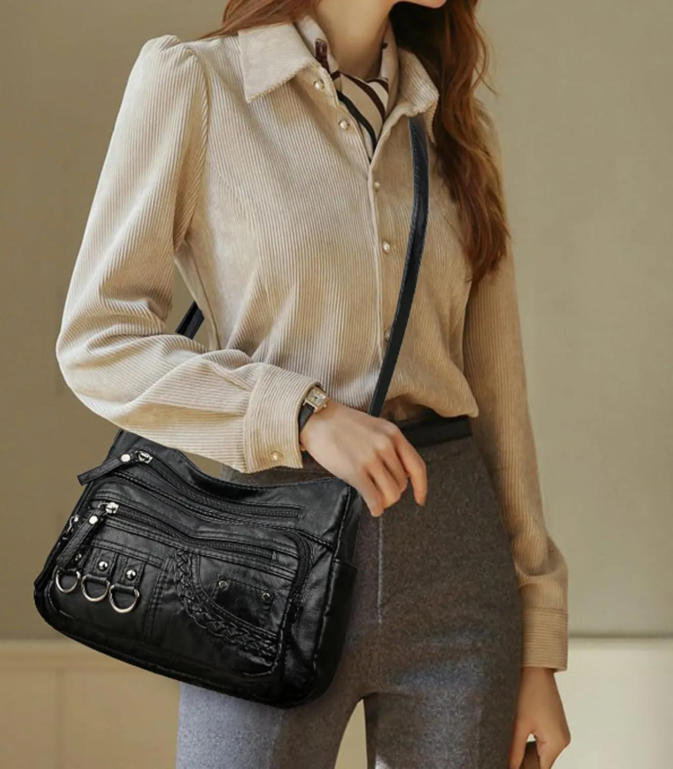 WITERY Crossboby Bag for Women - Soft PU Leather Multi-Pocket Shoulder Bag Handbag with Adjustable Strap