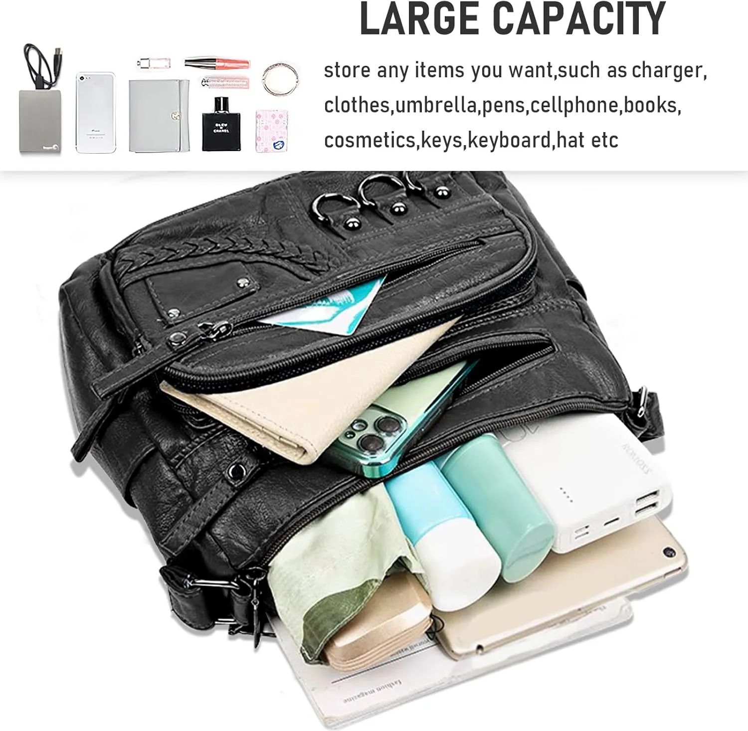 WITERY Crossboby Bag for Women - Soft PU Leather Multi-Pocket Shoulder Bag Handbag with Adjustable Strap