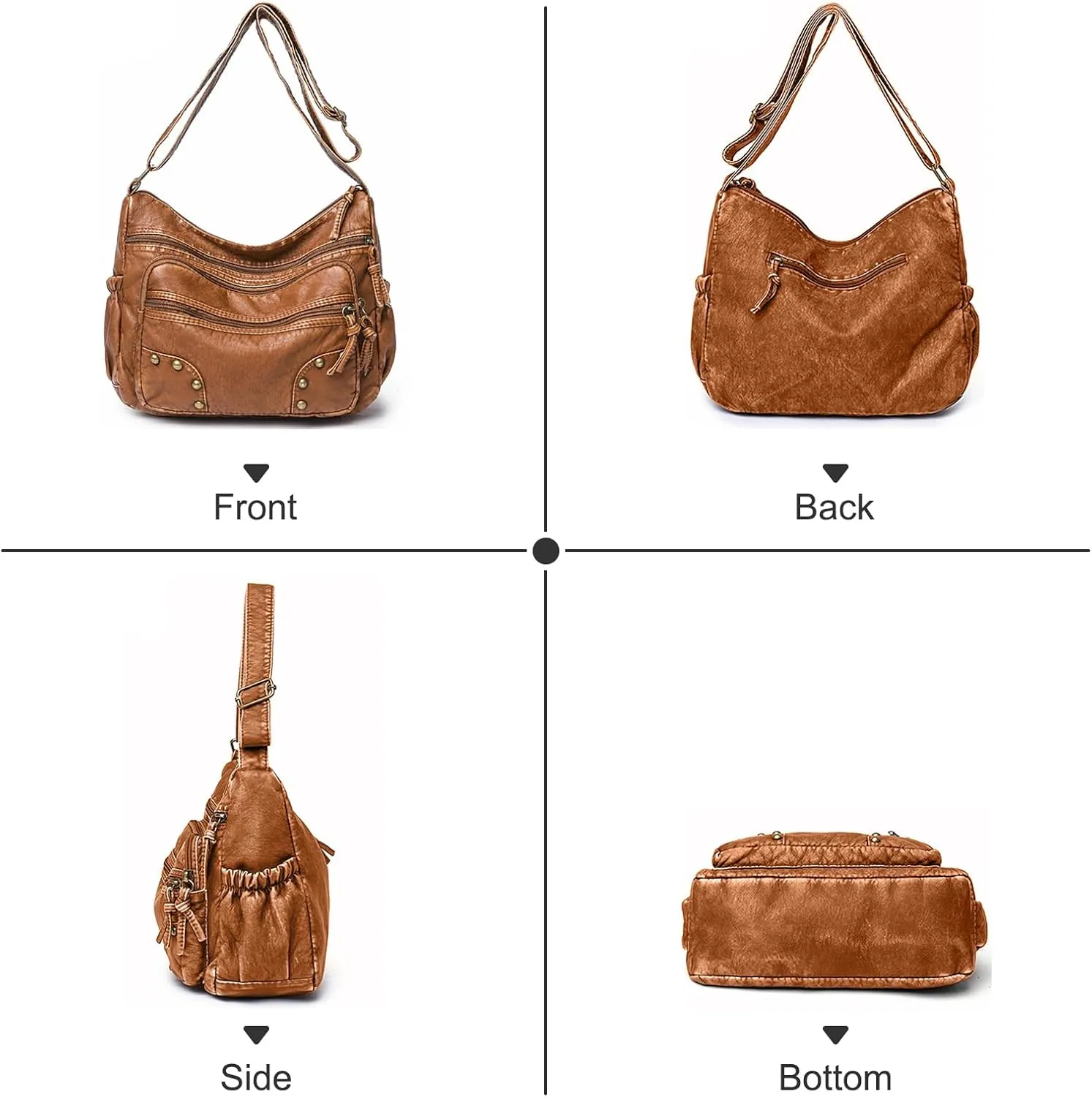 WITERY Lightweight Leather Multi-Pocket Shoulder Bag for Women - Retro Sling Medium Travel Purses