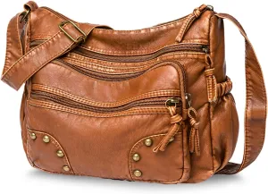 WITERY Lightweight Leather Multi-Pocket Shoulder Bag for Women - Retro Sling Medium Travel Purses