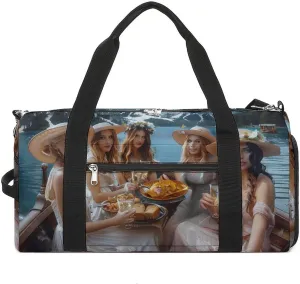 Woman Eating Pasta on Lake Gym Bag for Men Women Lightweight Duffel Bag Sports Workout Bag for Travel Yoga