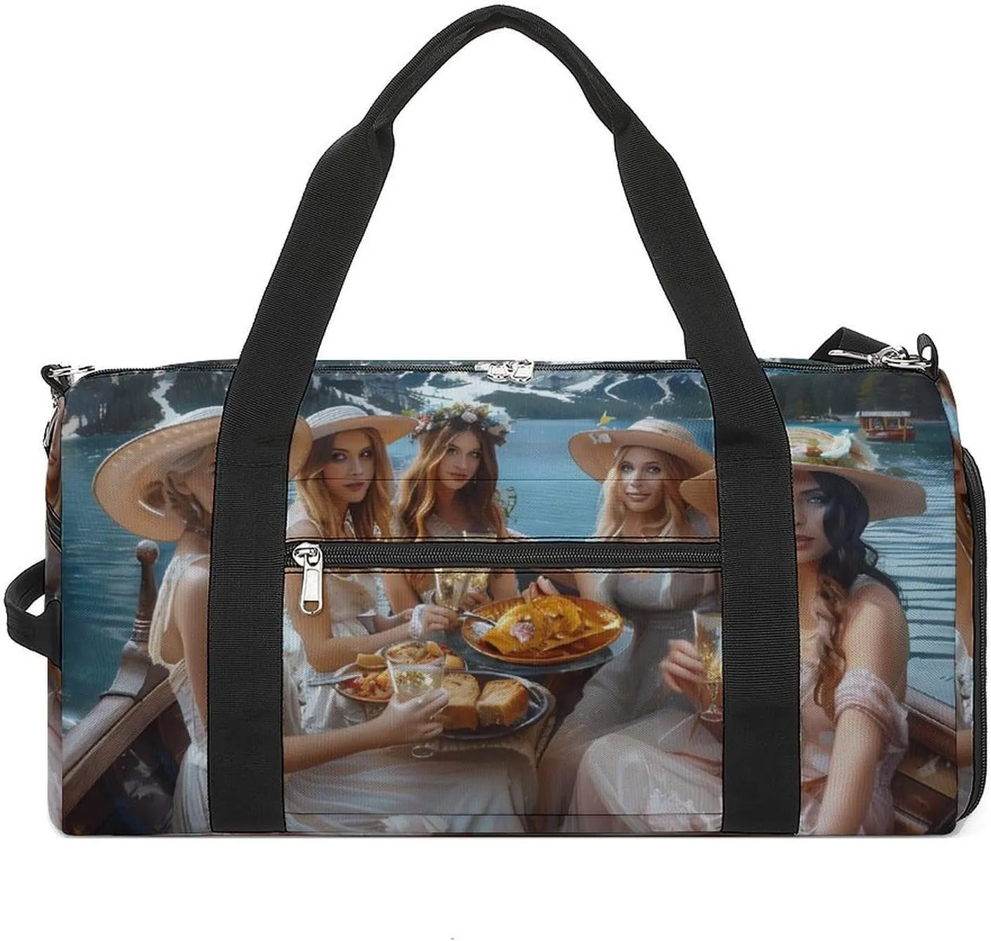 Woman Eating Pasta on Lake Gym Bag for Men Women Lightweight Duffel Bag Sports Workout Bag for Travel Yoga