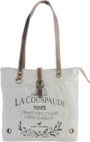 Woman leather shoulder bag, la couspaude upcycled canvas tote bag