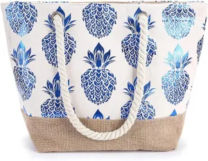 Woman Summer Beach bag Stripe Canvas tote bag with Zipper and Rope Handle large Shoulder Bag
