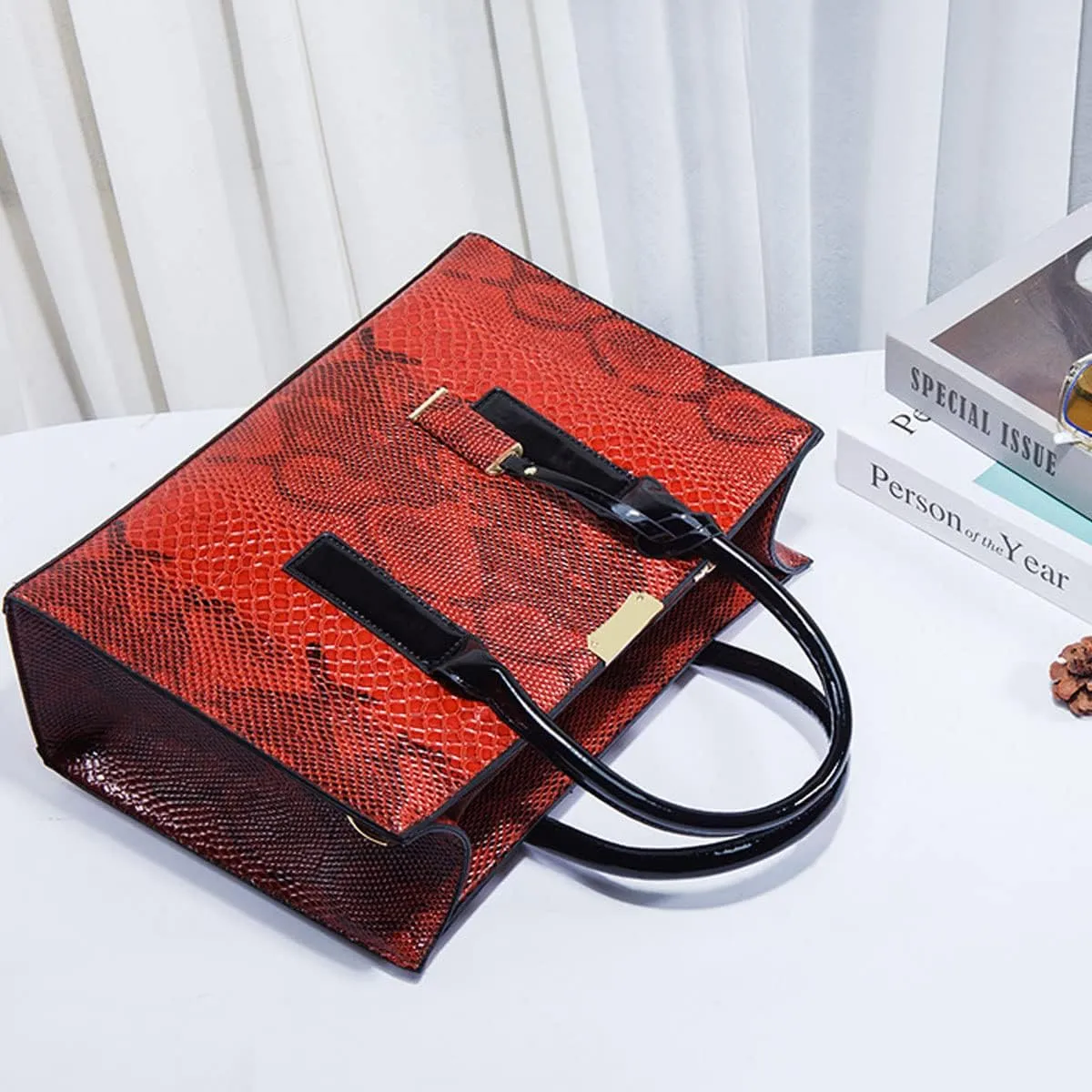 Women Fashion Handbags Snake Pattern Wallet Tote Bag Shoulder Bag Top Handle Satchel Purse Set 3pcs Brown