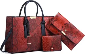 Women Fashion Handbags Snake Pattern Wallet Tote Bag Shoulder Bag Top Handle Satchel Purse Set 3pcs Brown