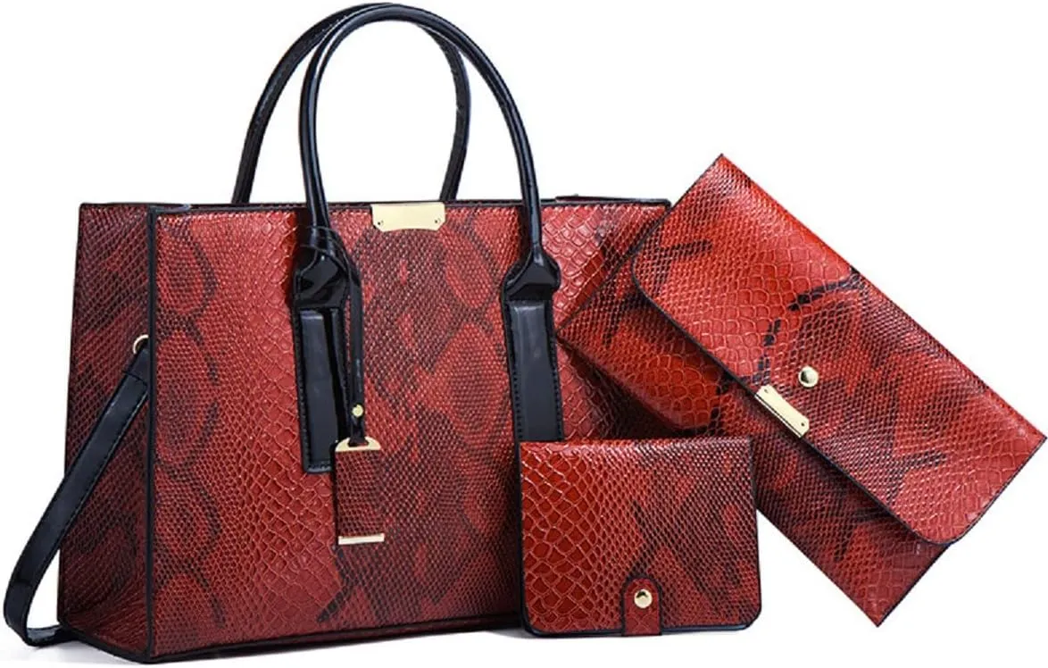 Women Fashion Handbags Snake Pattern Wallet Tote Bag Shoulder Bag Top Handle Satchel Purse Set 3pcs Brown