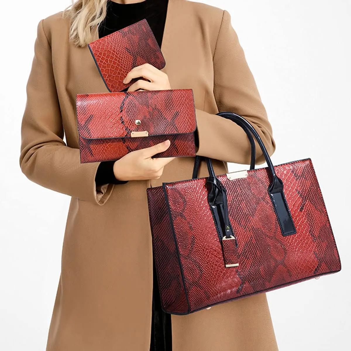 Women Fashion Handbags Snake Pattern Wallet Tote Bag Shoulder Bag Top Handle Satchel Purse Set 3pcs Brown