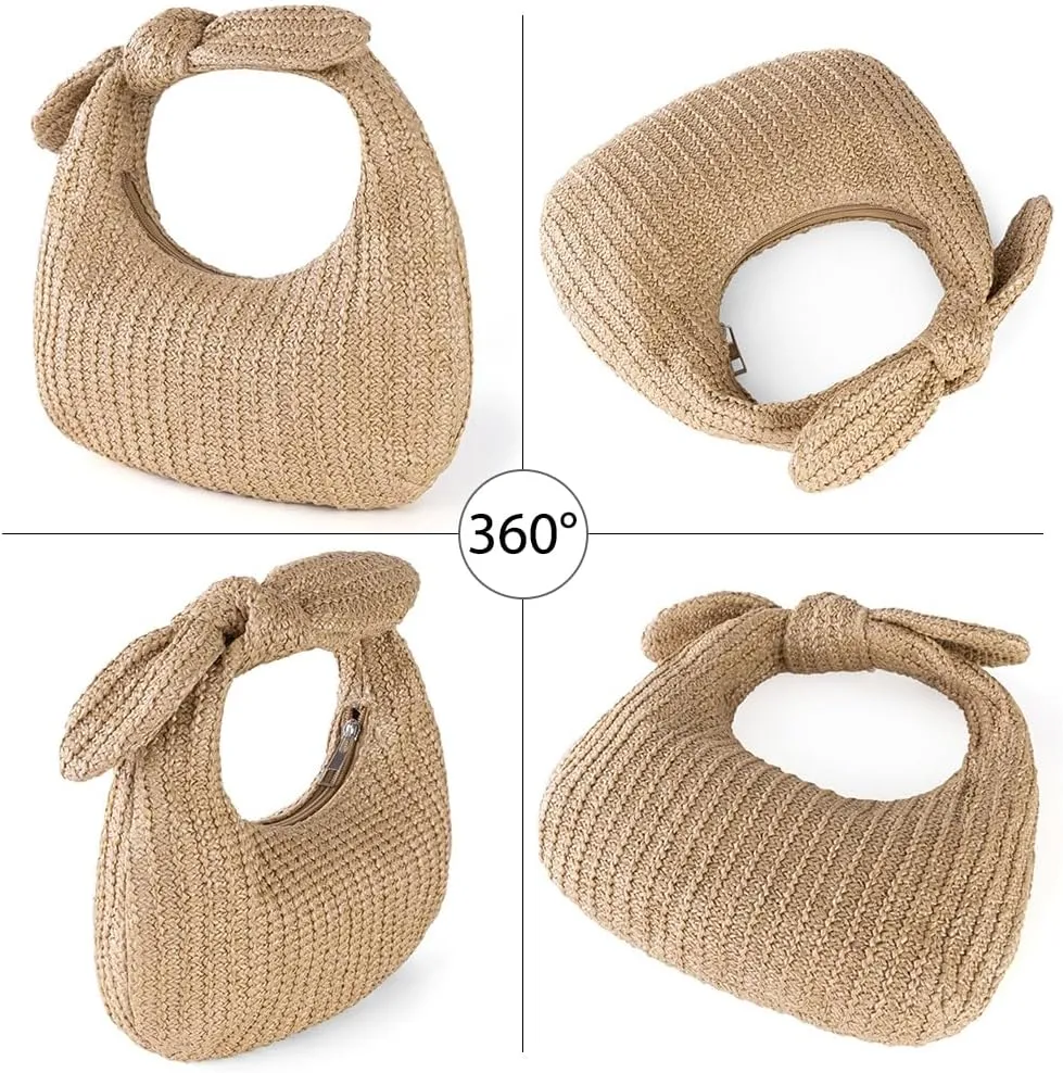 Women Knotted Straw Clutch Purse with Summer Beach Handbag Zipper Closure Straw Banquet Bag for Formal Party Weddin