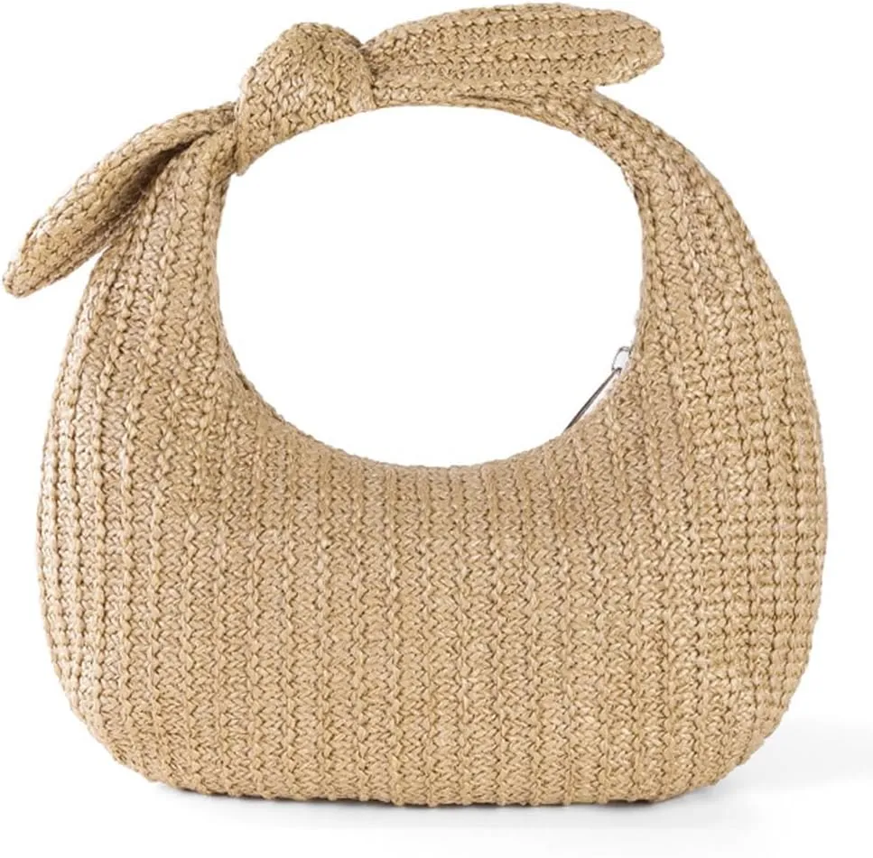 Women Knotted Straw Clutch Purse with Summer Beach Handbag Zipper Closure Straw Banquet Bag for Formal Party Weddin