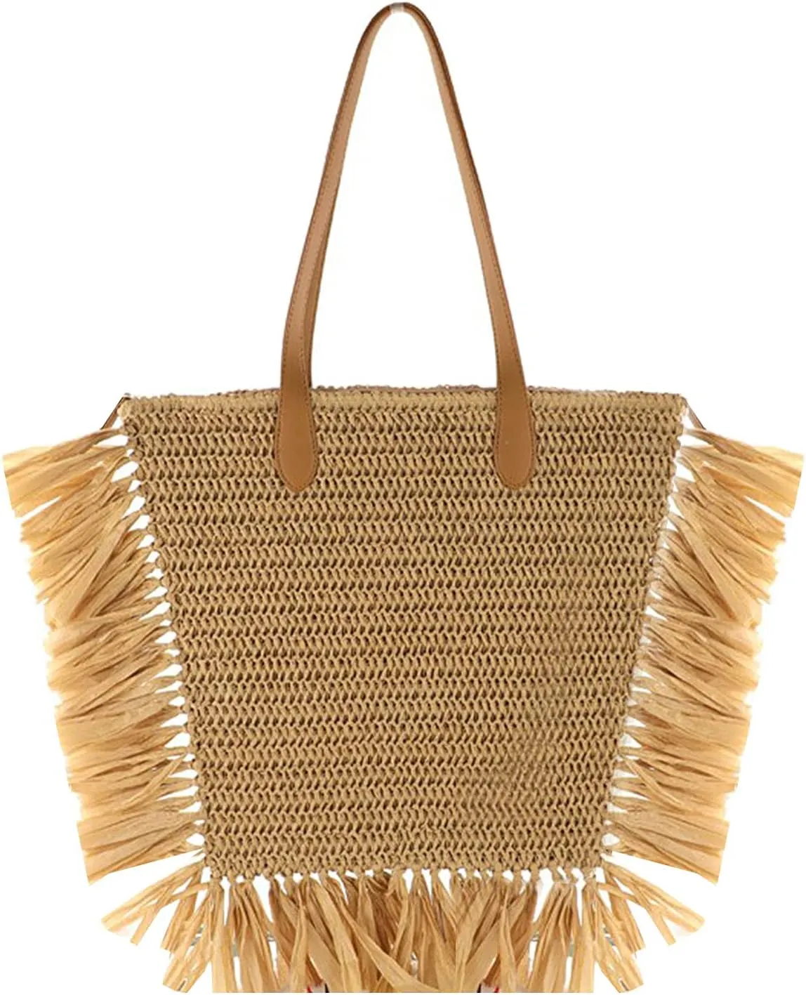 Women Large Fringe Straw Woven Shoulder Bag Summer Beach Top-Handle Bag Travel Tote