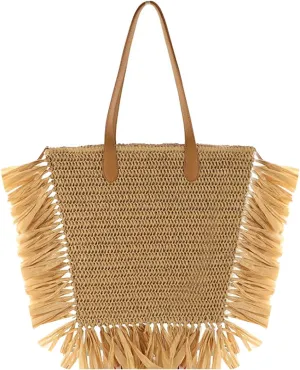Women Large Fringe Straw Woven Shoulder Bag Summer Beach Top-Handle Bag Travel Tote