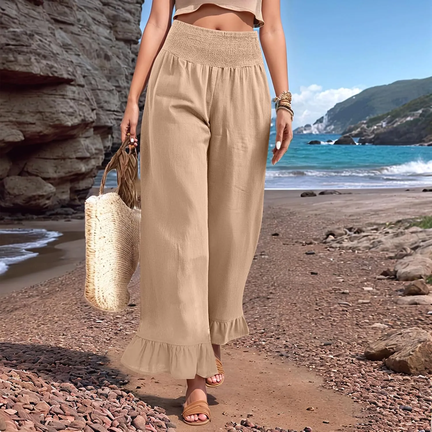 Women Linen Pants Summer Smocked Waist Ruffle Hem Palazzo Pants Casual Wide Leg Pant Flowy Boho Beach Pant
