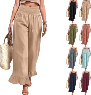Women Linen Pants Summer Smocked Waist Ruffle Hem Palazzo Pants Casual Wide Leg Pant Flowy Boho Beach Pant
