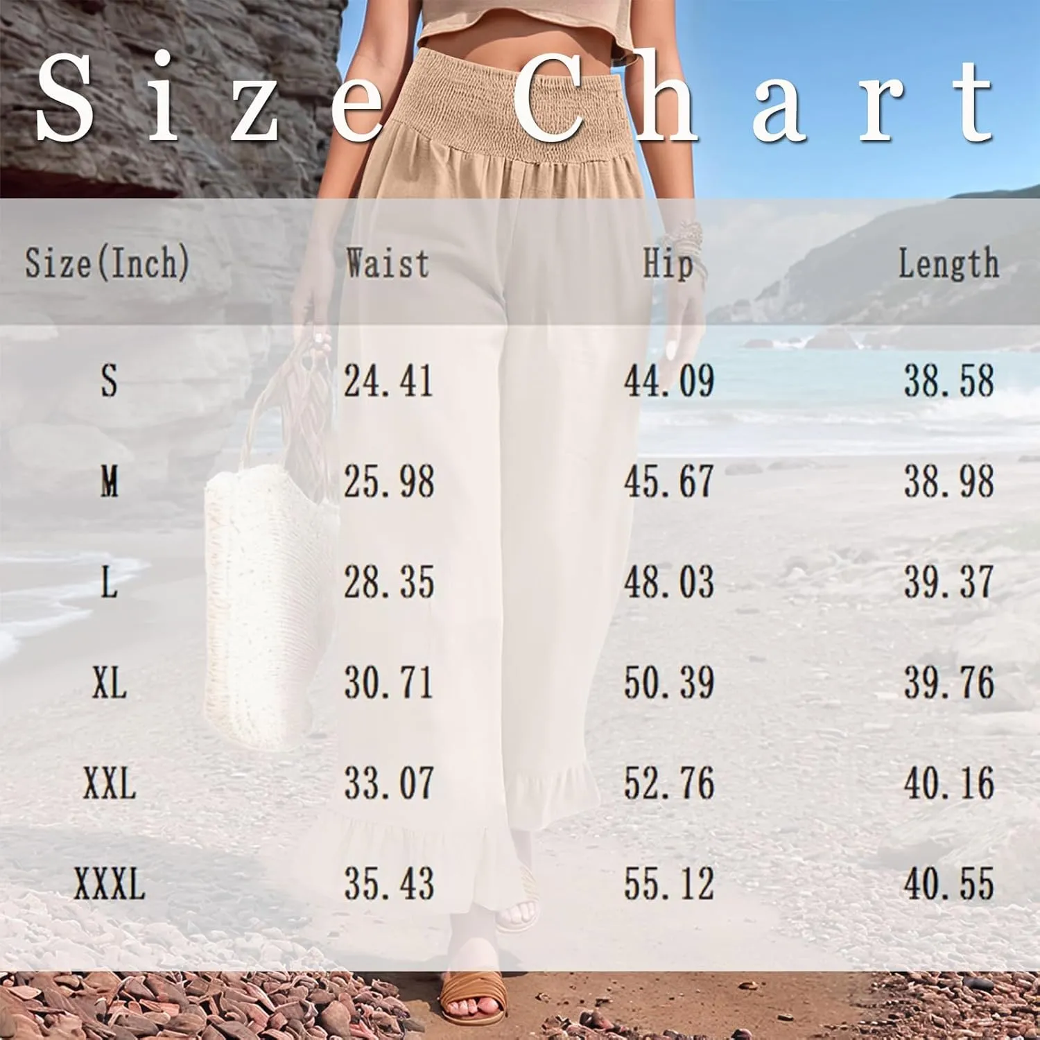 Women Linen Pants Summer Smocked Waist Ruffle Hem Palazzo Pants Casual Wide Leg Pant Flowy Boho Beach Pant