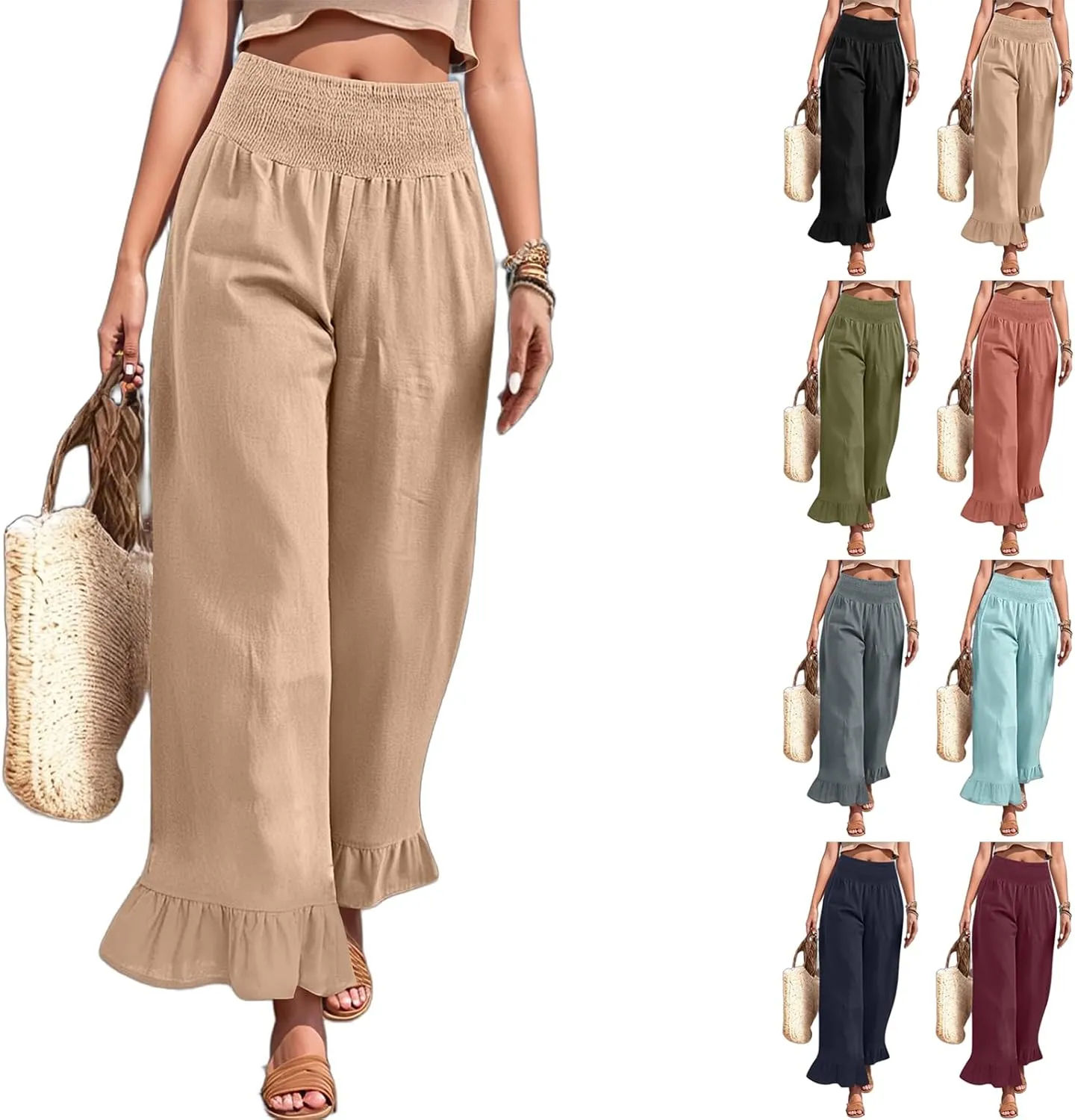 Women Linen Pants Summer Smocked Waist Ruffle Hem Palazzo Pants Casual Wide Leg Pant Flowy Boho Beach Pant