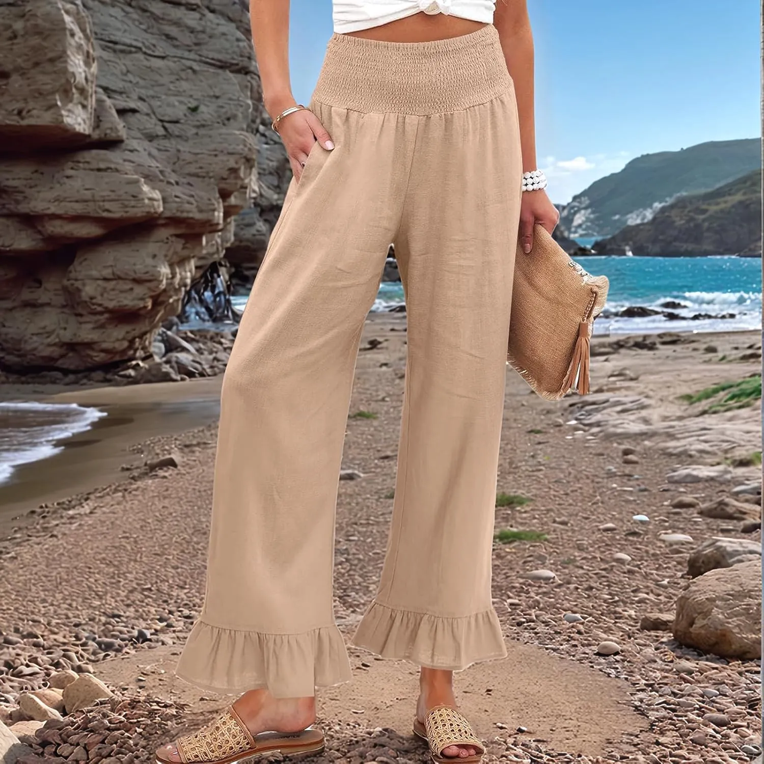 Women Linen Pants Summer Smocked Waist Ruffle Hem Palazzo Pants Casual Wide Leg Pant Flowy Boho Beach Pant