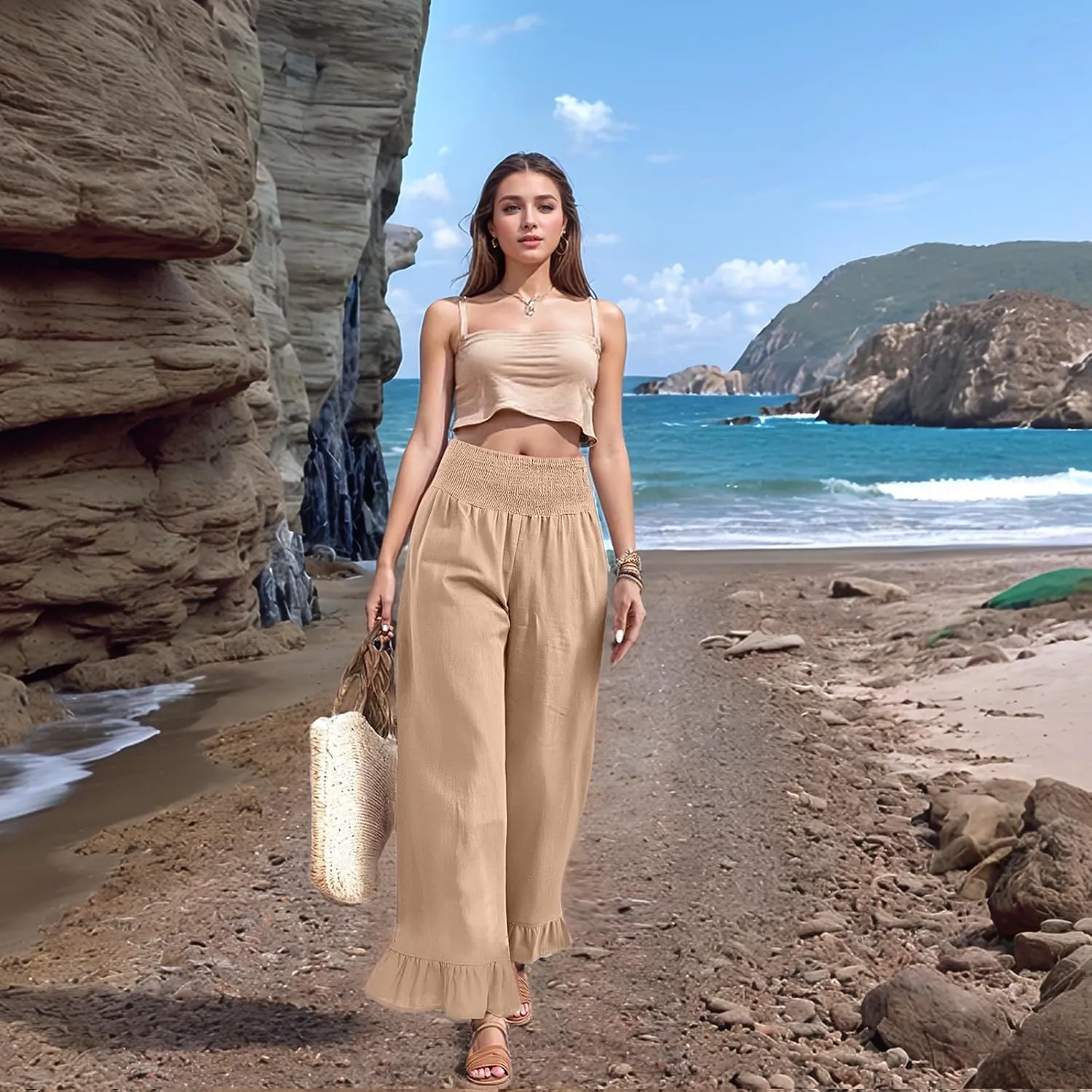 Women Linen Pants Summer Smocked Waist Ruffle Hem Palazzo Pants Casual Wide Leg Pant Flowy Boho Beach Pant