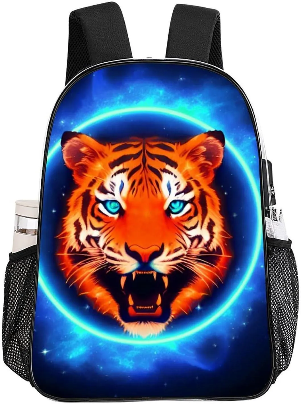 Women Men Transparent Space Tiger Psychedelic Blue Fire Art Casual Daypack Large Capacity Bookbag With Side Pockets for Sports Picnic Walking Cycling