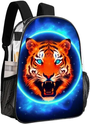 Women Men Transparent Space Tiger Psychedelic Blue Fire Art Casual Daypack Large Capacity Bookbag With Side Pockets for Sports Picnic Walking Cycling