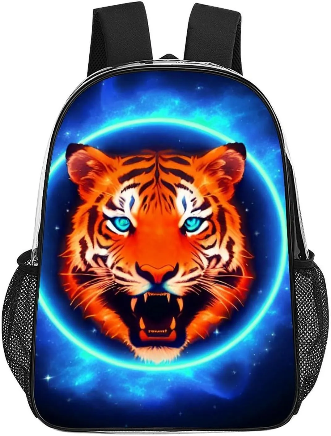 Women Men Transparent Space Tiger Psychedelic Blue Fire Art Casual Daypack Large Capacity Bookbag With Side Pockets for Sports Picnic Walking Cycling