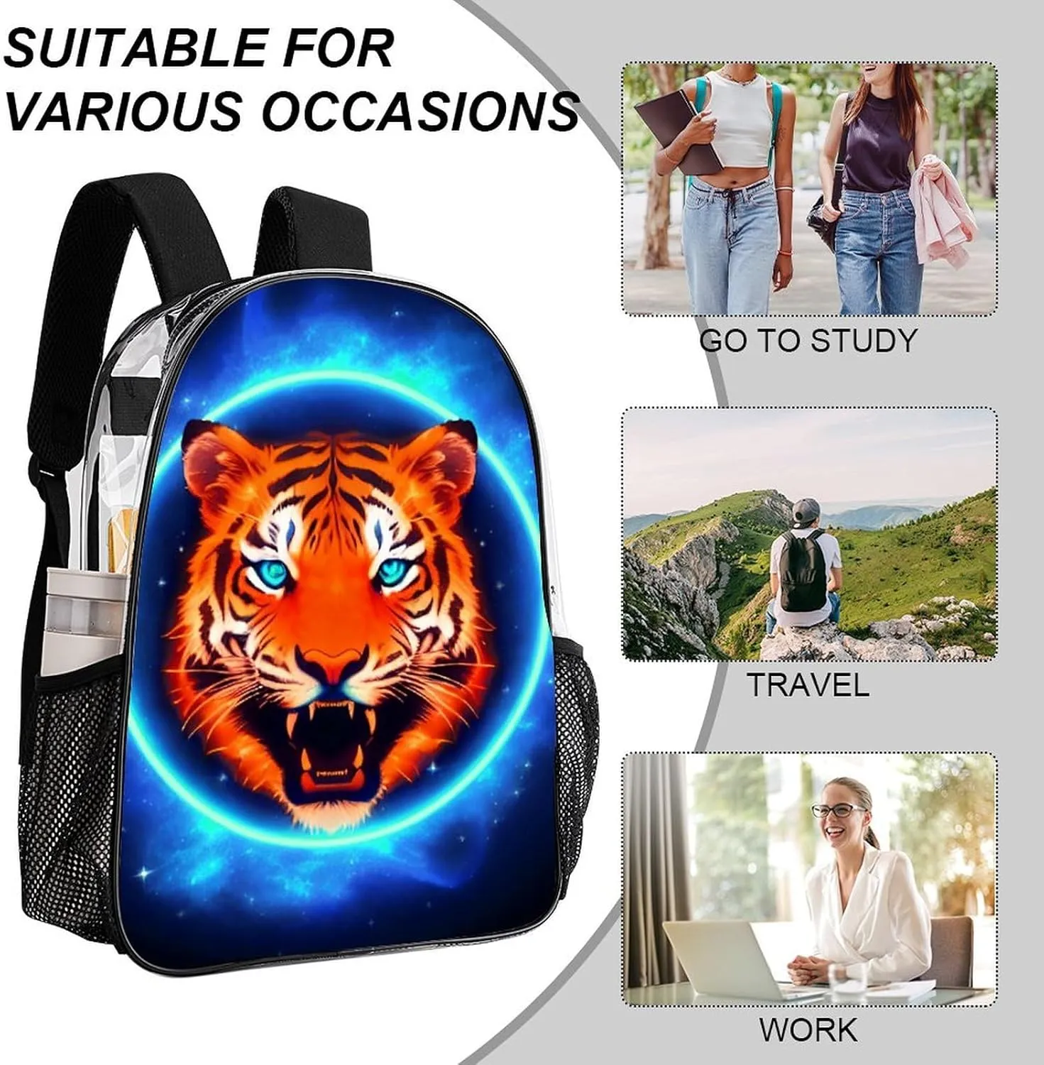 Women Men Transparent Space Tiger Psychedelic Blue Fire Art Casual Daypack Large Capacity Bookbag With Side Pockets for Sports Picnic Walking Cycling