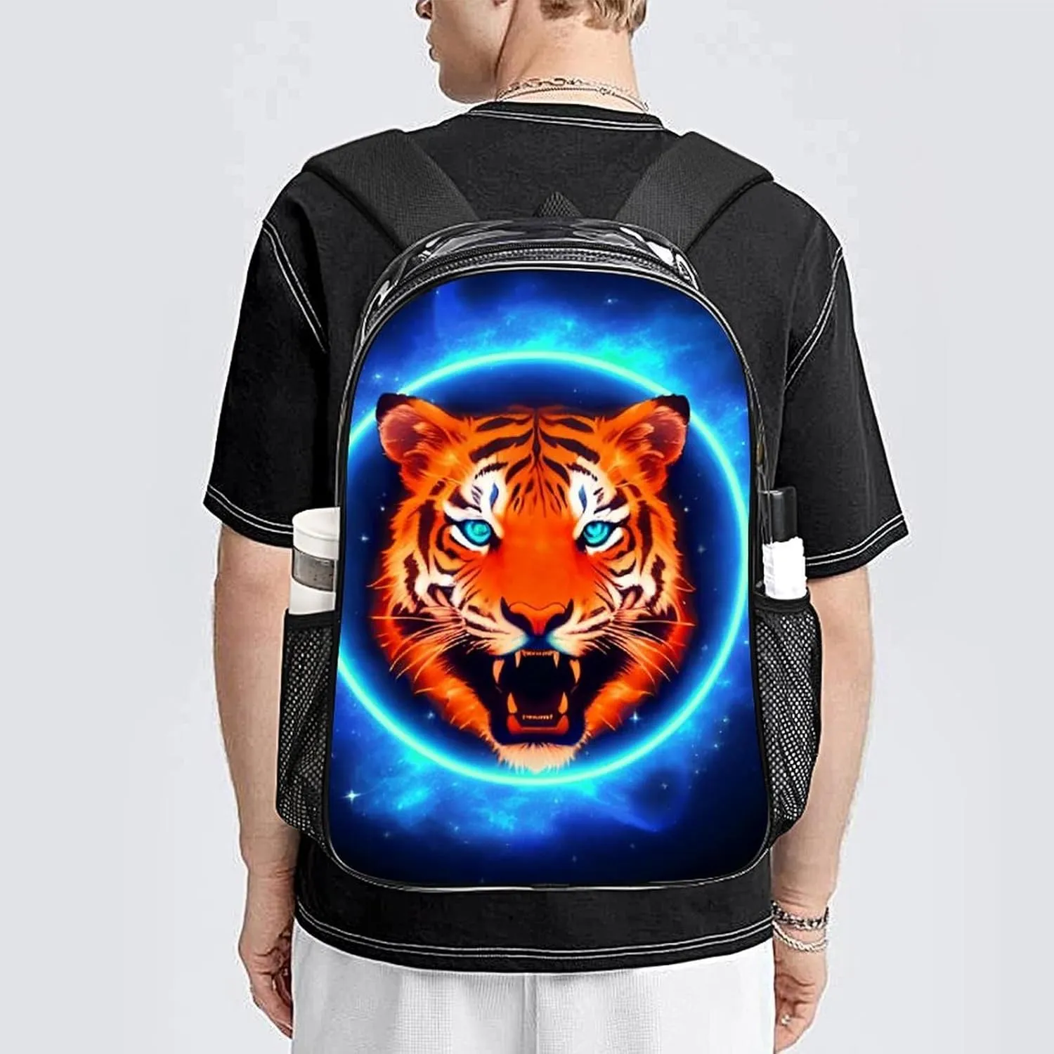 Women Men Transparent Space Tiger Psychedelic Blue Fire Art Casual Daypack Large Capacity Bookbag With Side Pockets for Sports Picnic Walking Cycling