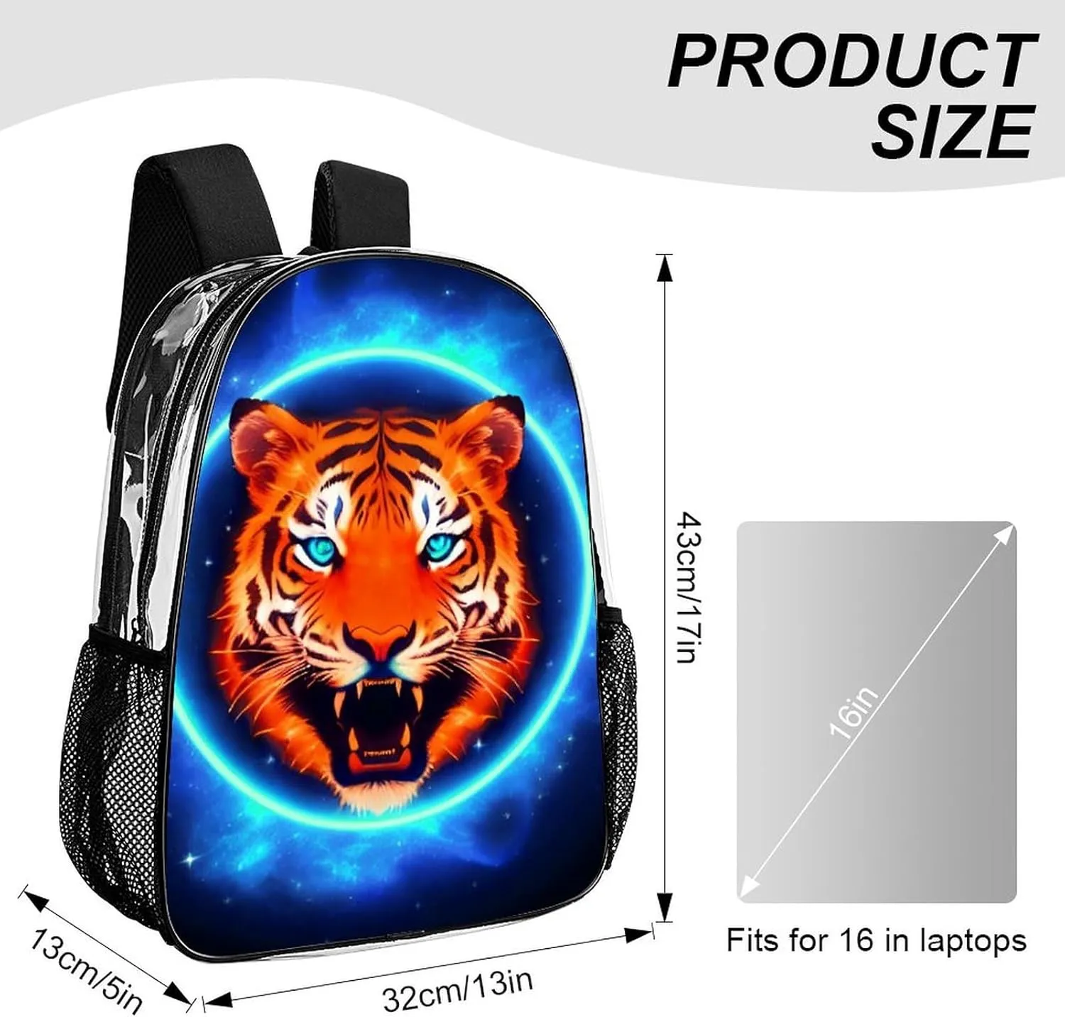 Women Men Transparent Space Tiger Psychedelic Blue Fire Art Casual Daypack Large Capacity Bookbag With Side Pockets for Sports Picnic Walking Cycling