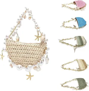 Women Pearl Straw Clutch Purse- Cute Beach Crochet Tote Bag Ideal for wedding parties and daily trips