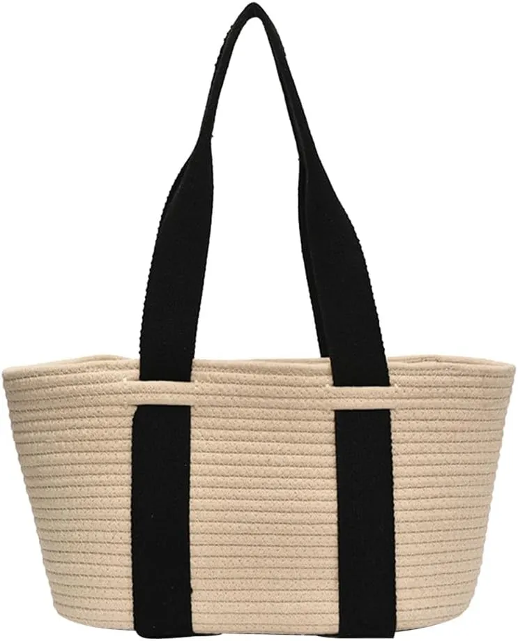 Women Seaside Straw Date Shoulder Bag Large Capacity Woven Tote Handbag (White)