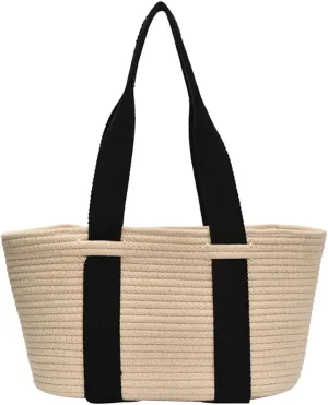 Women Seaside Straw Date Shoulder Bag Large Capacity Woven Tote Handbag (White)