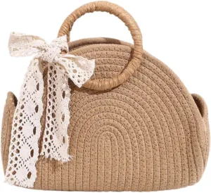 Women Straw Beach Small Bag with Lace Bows Woven Rope Top Handle Handbag Purse