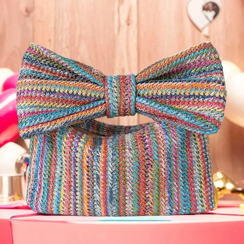 Women Straw Woven Handbag Zipper Closure with Bow Straw Summer Handbag Versatile Female Party Wedding Bag