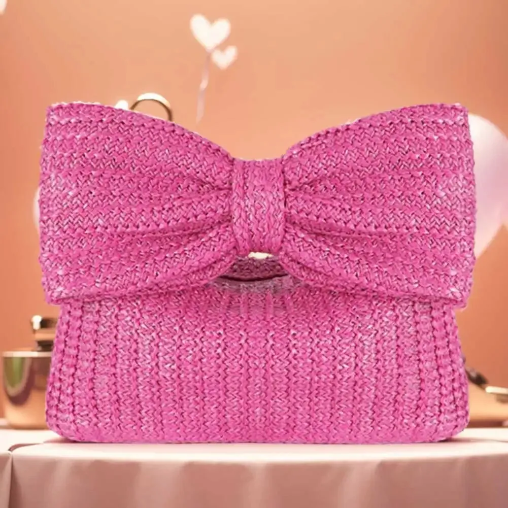 Women Straw Woven Handbag Zipper Closure with Bow Straw Summer Handbag Versatile Female Party Wedding Bag